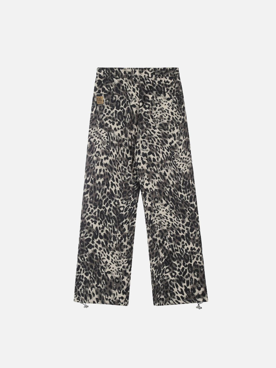 Back view of TALISHKO sweatpants in leopard print, featuring an adjustable hem for versatile styling.
