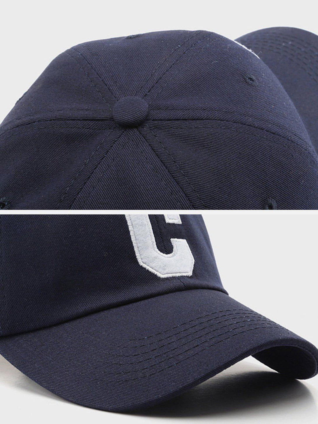 Detailed view of a navy baseball cap with a letter "C" design by TALISHKO.