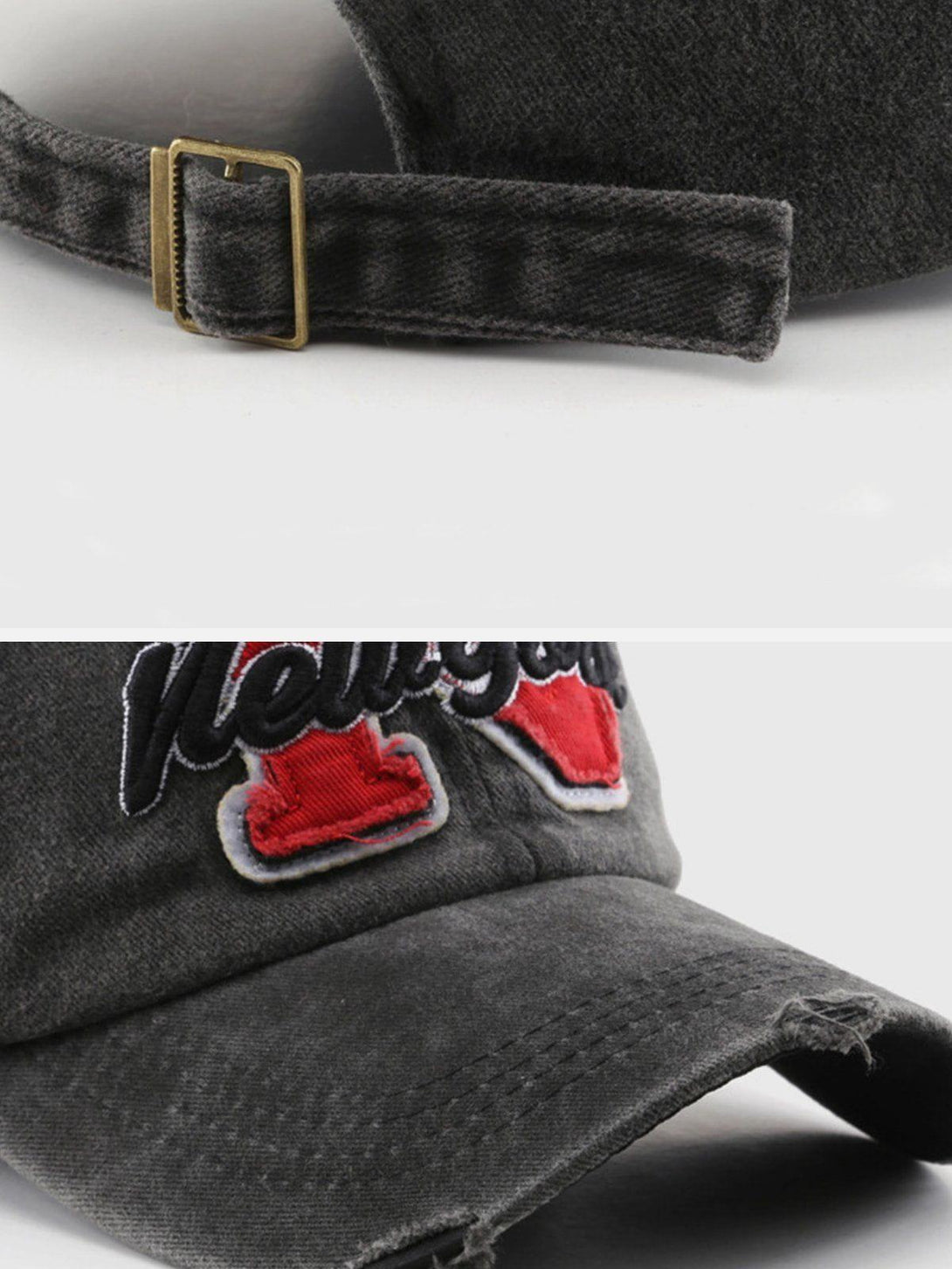 Intricate view of TALISHKO vintage "N" baseball cap details, highlighting embroidery and texture.