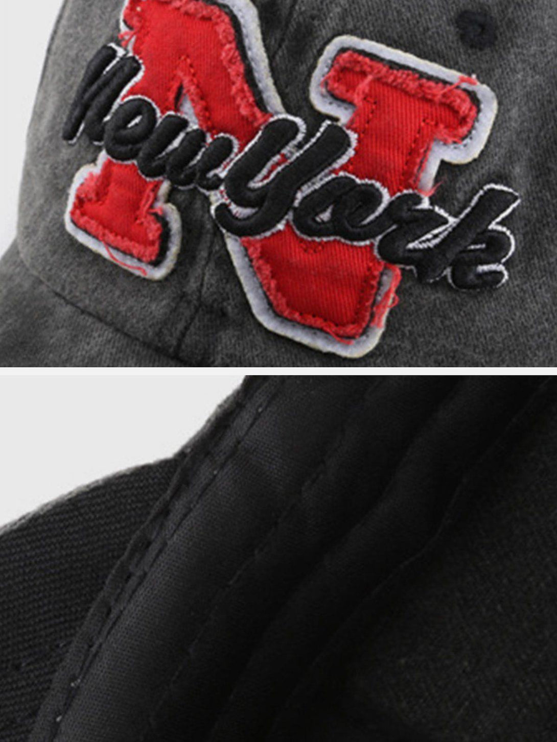Detailed view of TALISHKO's vintage "N" baseball cap, showcasing embroidery and stitching.