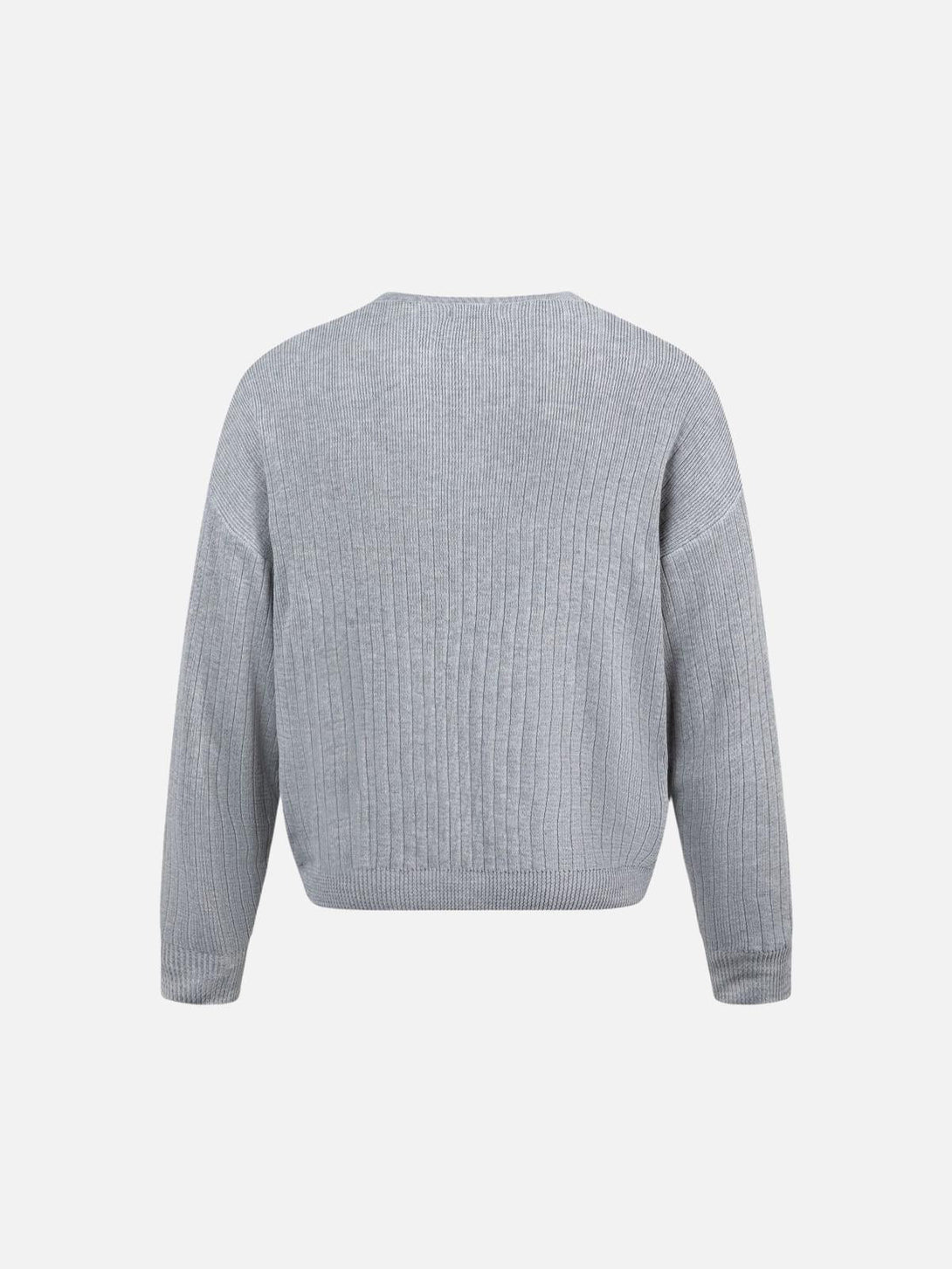Back view of a gray V-neck sweater by TALISHKO, showcasing its ribbed texture and relaxed fit.