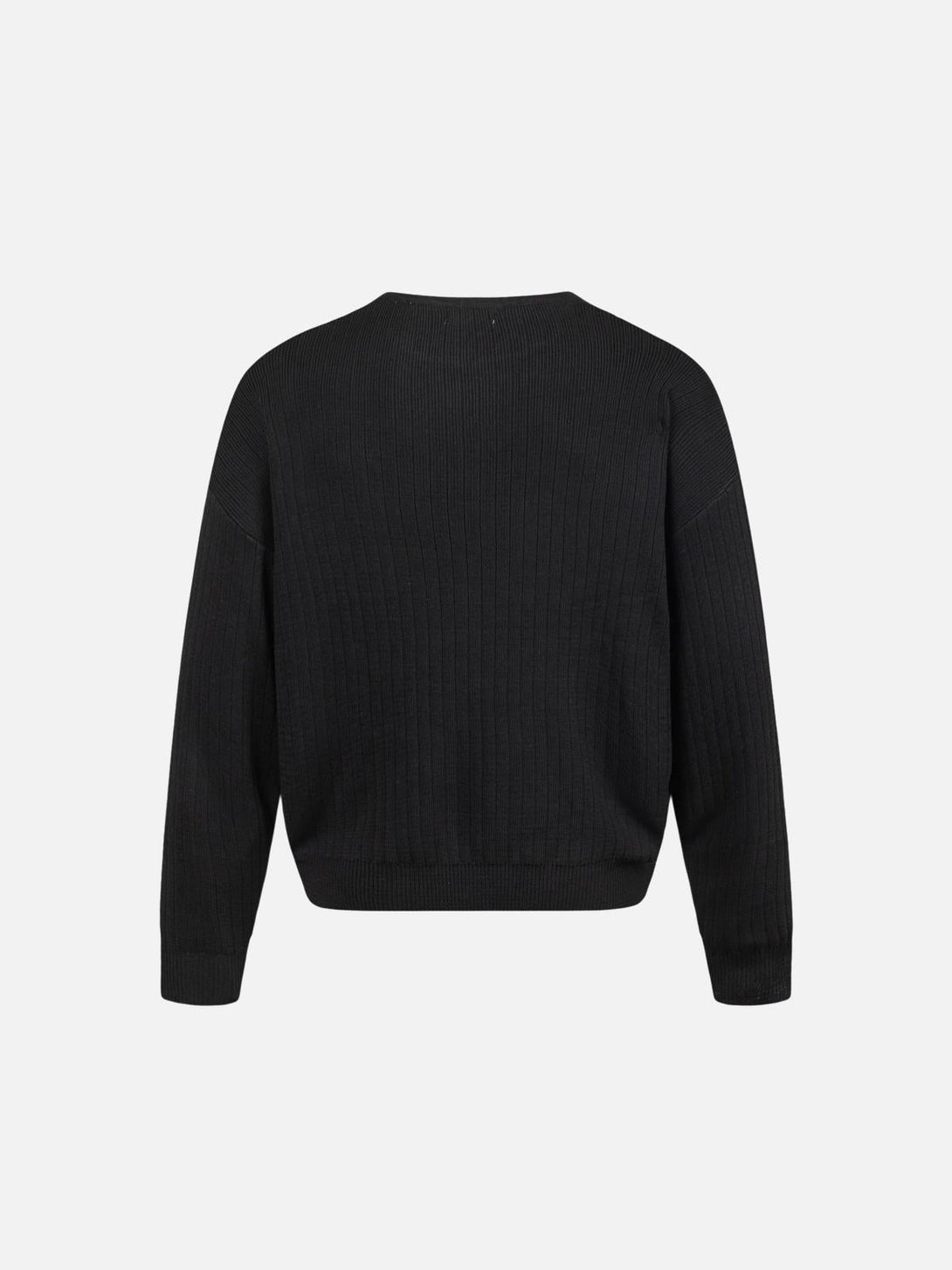 Back view of a black vintage V-neck sweater by TALISHKO, highlighting its ribbed design.