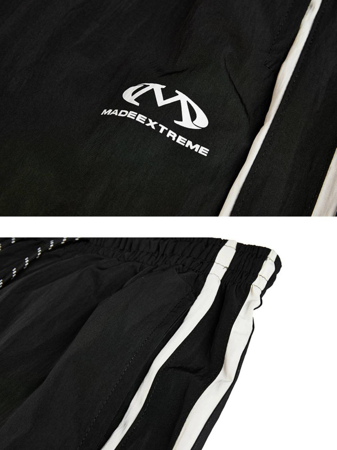 Detailed look at TALISHKO vintage line sweatpants, highlighting the bold white side stripes.