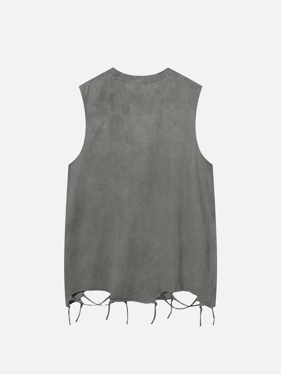 Back view of TALISHKO's gray hip-hop tank top with edgy cut-out details at the hem.