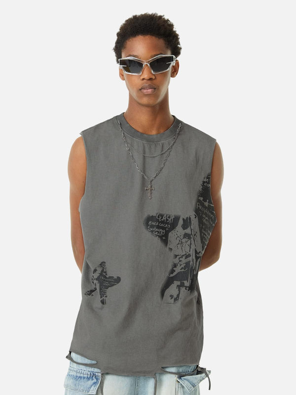 Model wearing TALISHKO hip-hop tank top with vintage print and layered necklaces.