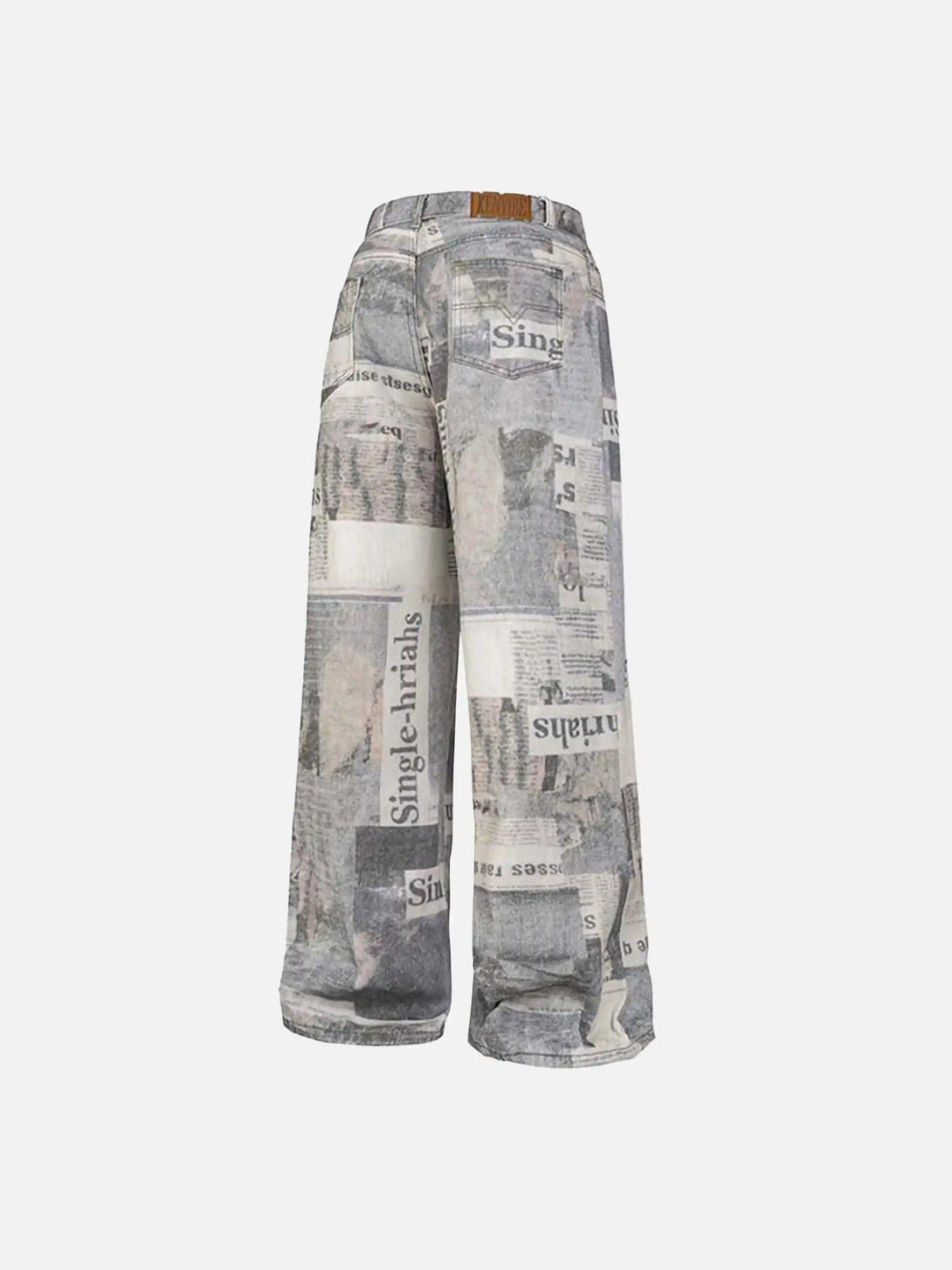 Vintage newspaper print pants by TALISHKO, featuring a unique, artistic design.