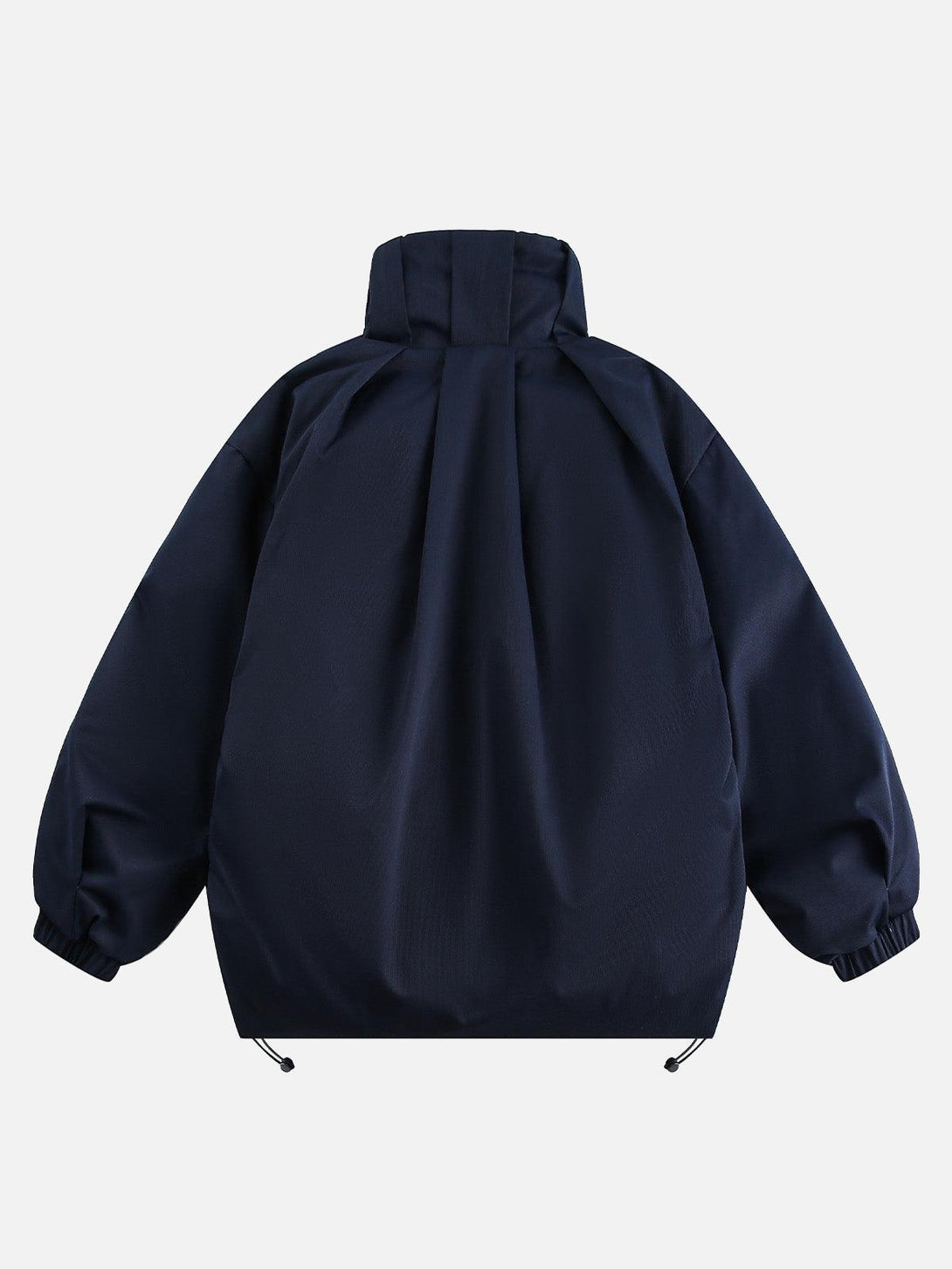 Back view of a navy vintage oversized jacket featuring a pleated stand collar by TALISHKO.