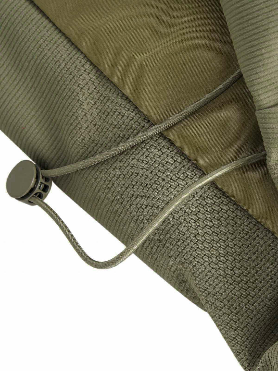 Focusing on the green drawstring detail of TALISHKO's vintage oversized pleated jacket.