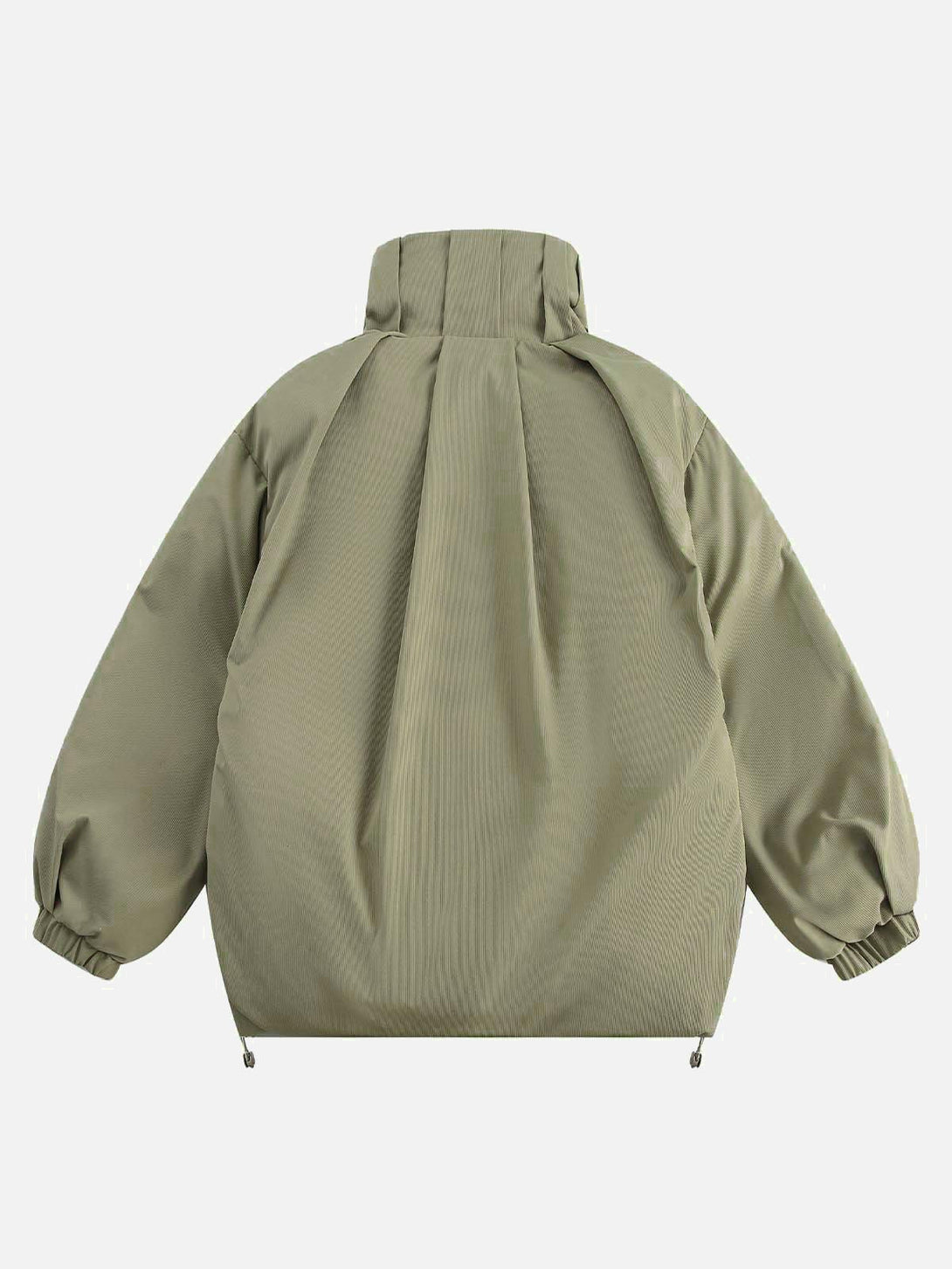 Back view of a vintage oversized pleated stand collar jacket in green, crafted by TALISHKO.