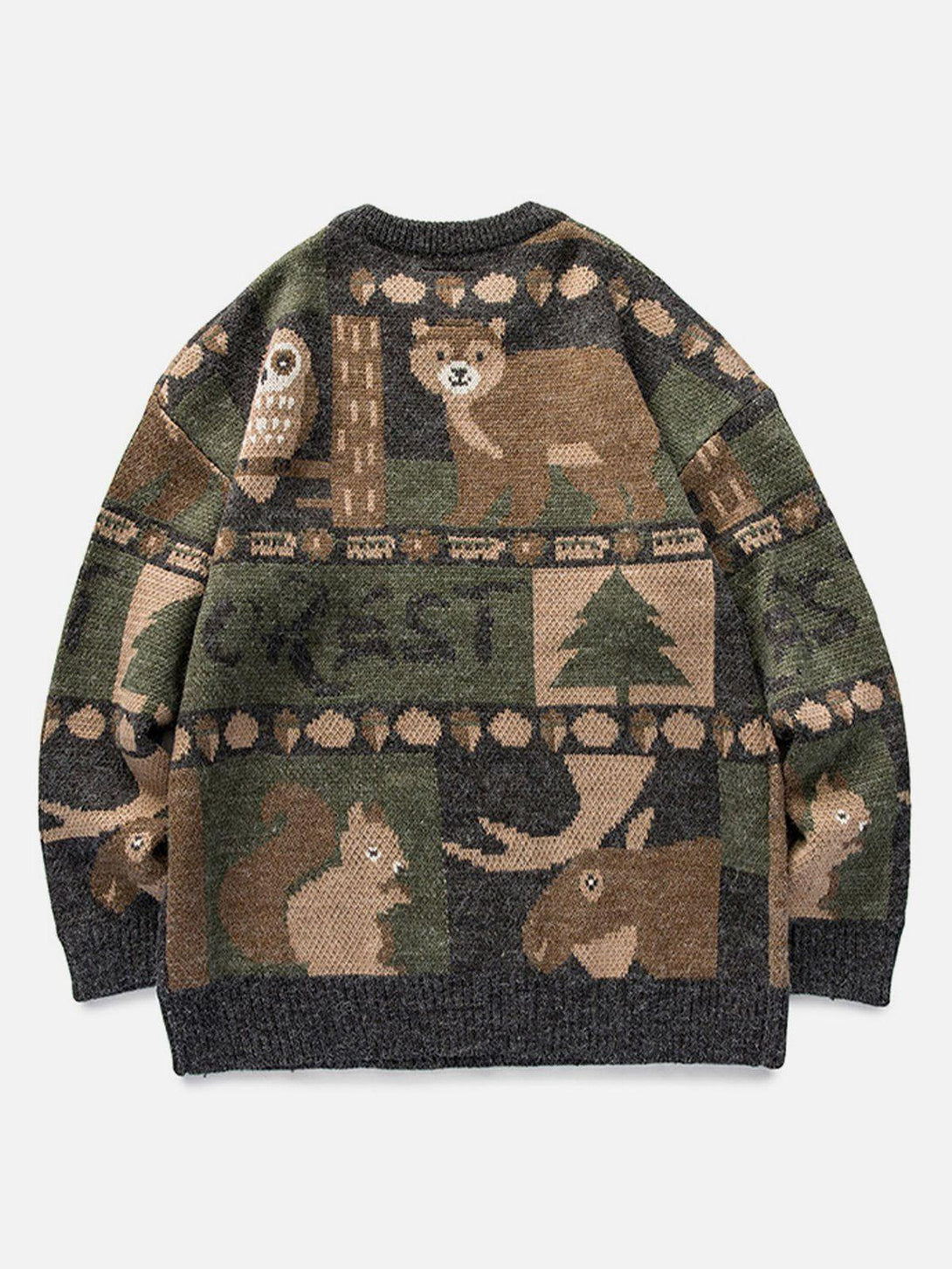 Back view of TALISHKO's vintage animal print sweater with owls and bears in earthy tones.