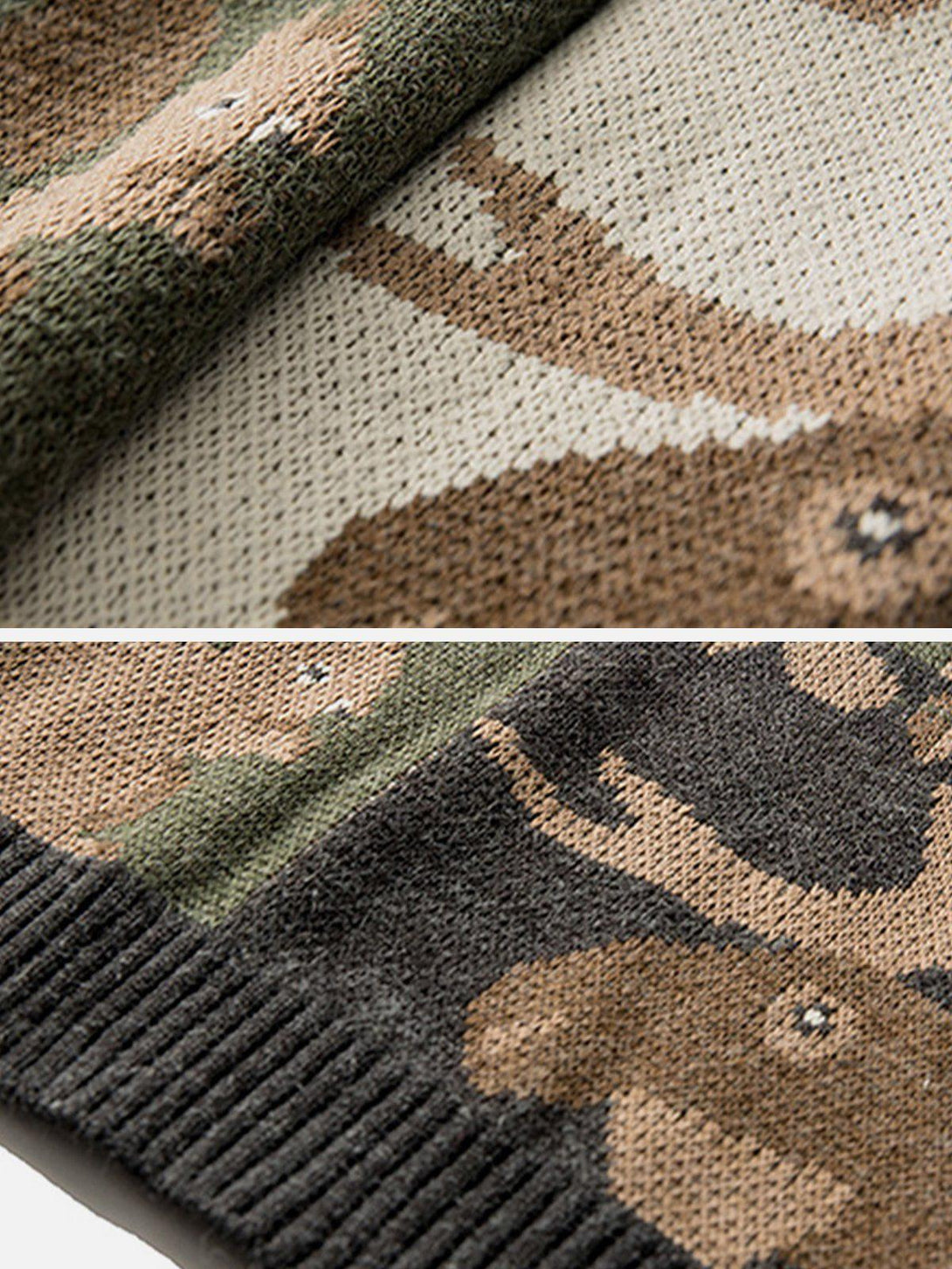 A detailed view of TALISHKO's vintage knitted sweater, showcasing intricate owl and bear patterns.