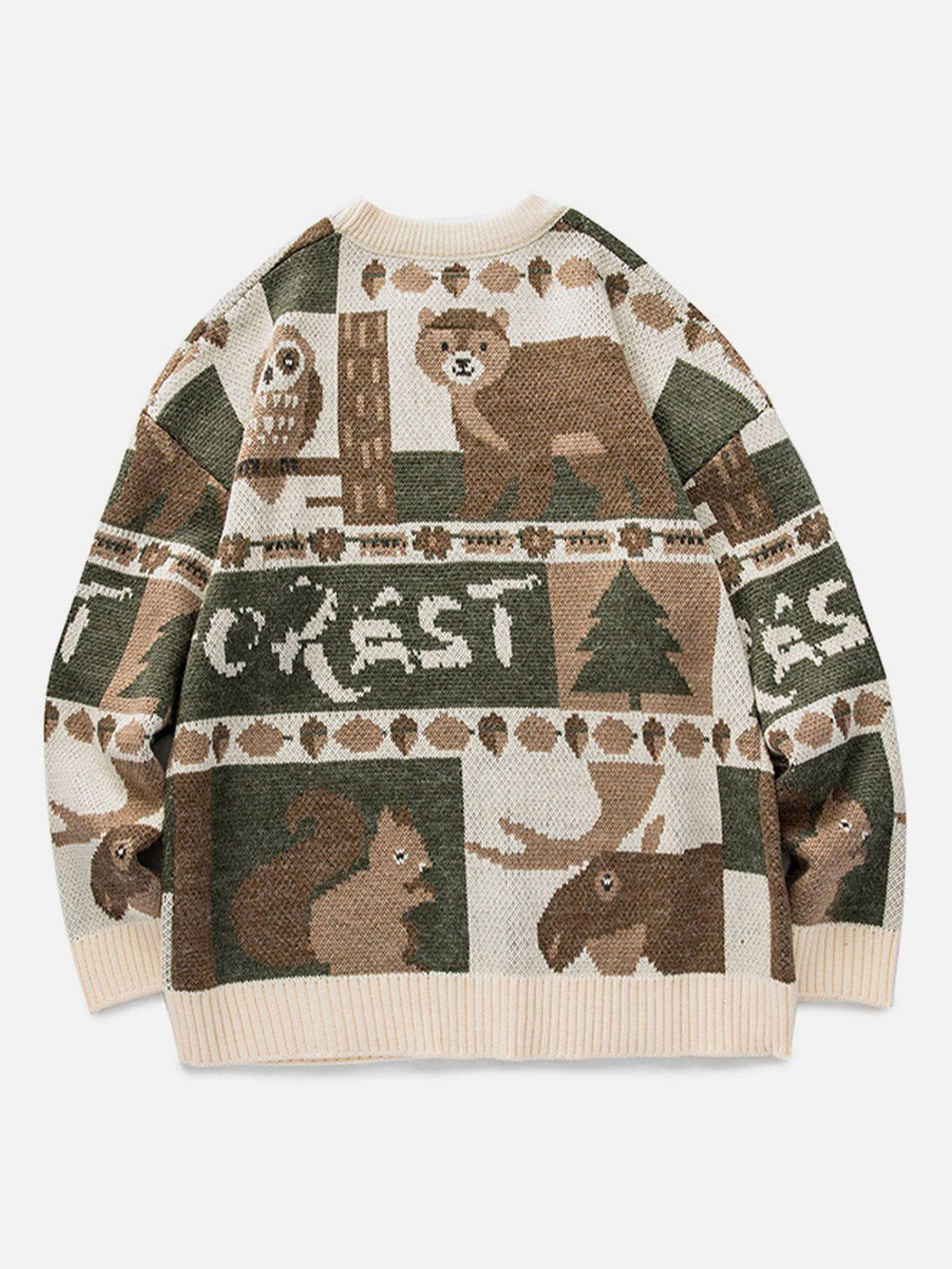 TALISHKO sweater showcases a vintage animal print design, including owls and bears, on a cozy knit.