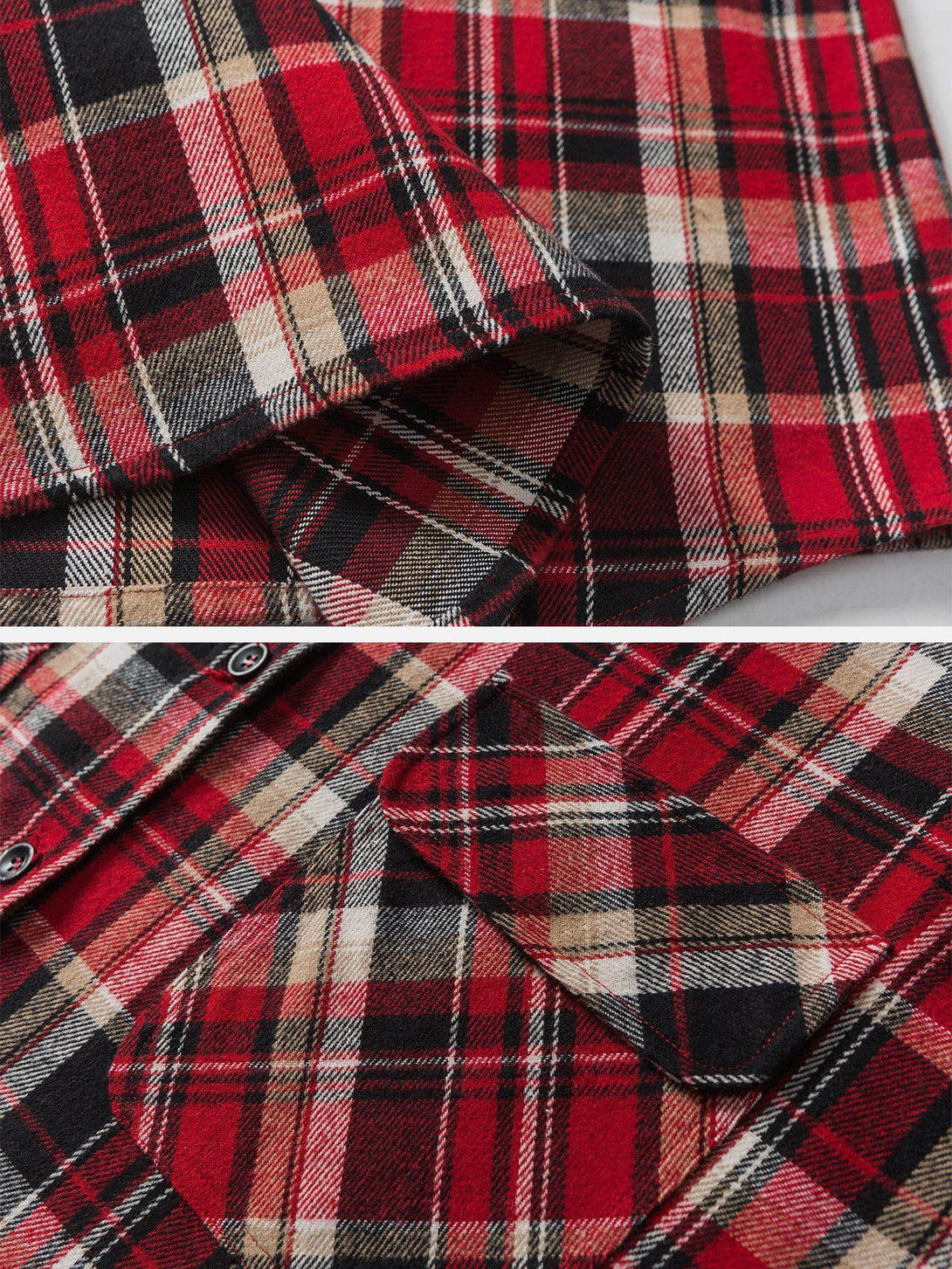 Intricate look at TALISHKO's vintage plaid shirt, highlighting the classic red checkered pattern.