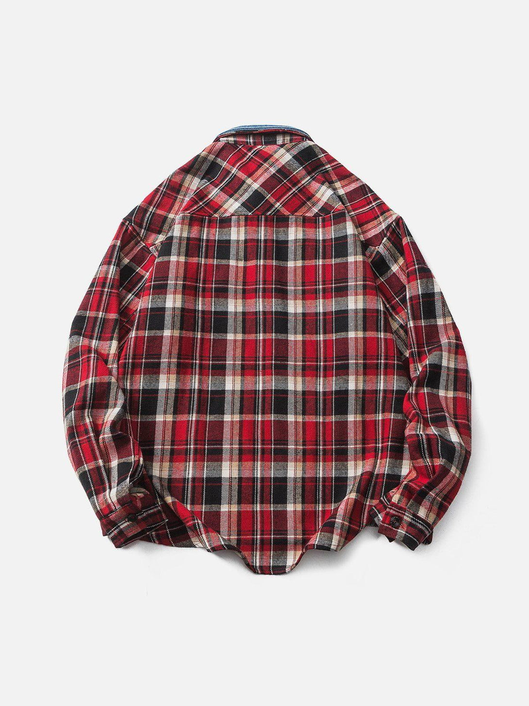 Back view of a vintage plaid long-sleeved shirt in red by TALISHKO, featuring a classic checkered pattern.