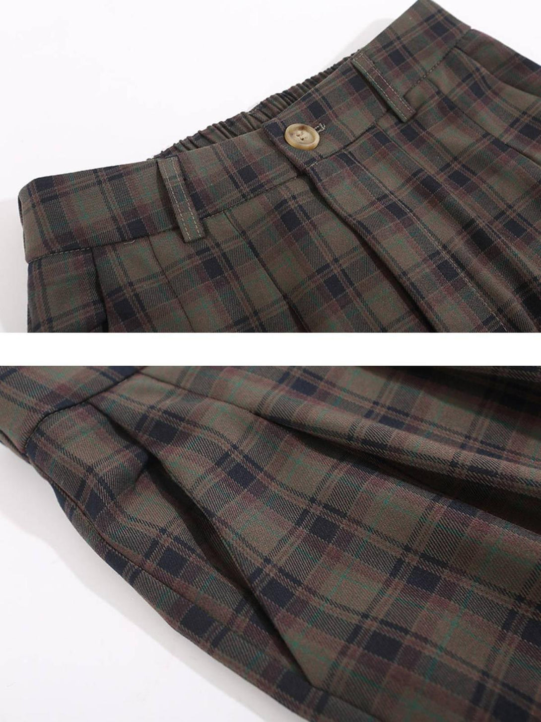Plaid sweatpants by TALISHKO, showcasing detailed pattern and button closure for a classic look.