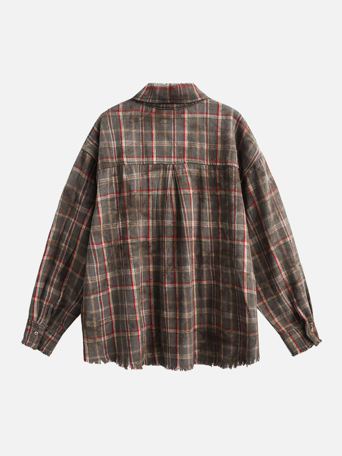 Back view of a vintage plaid tie-dye shirt by TALISHKO, highlighting its relaxed fit.