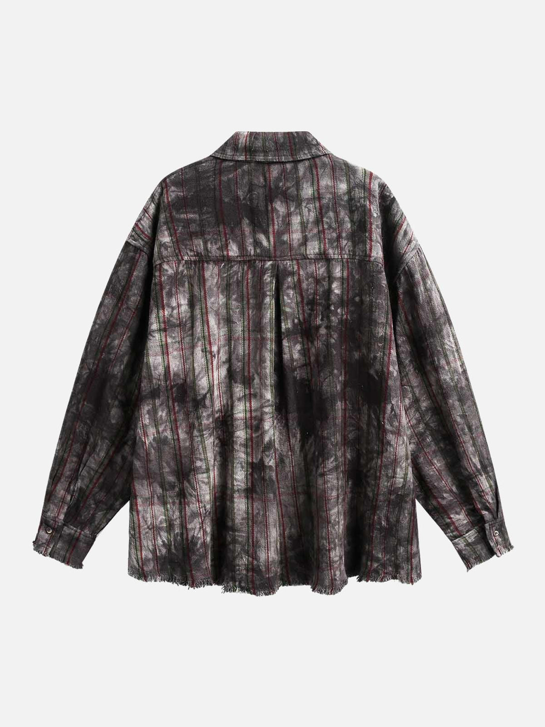 Back view of a vintage plaid tie-dye long sleeve shirt by TALISHKO, featuring a unique textured pattern.