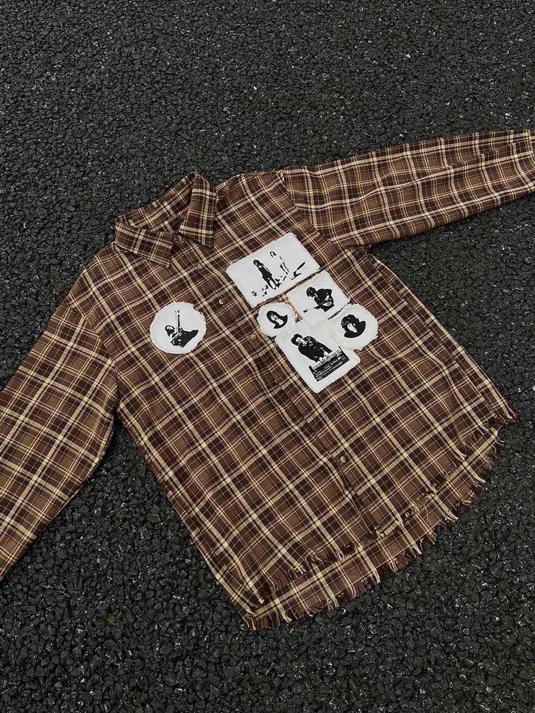 Vintage-inspired brown plaid shirt with unique portrait appliques, front view by TALISHKO.