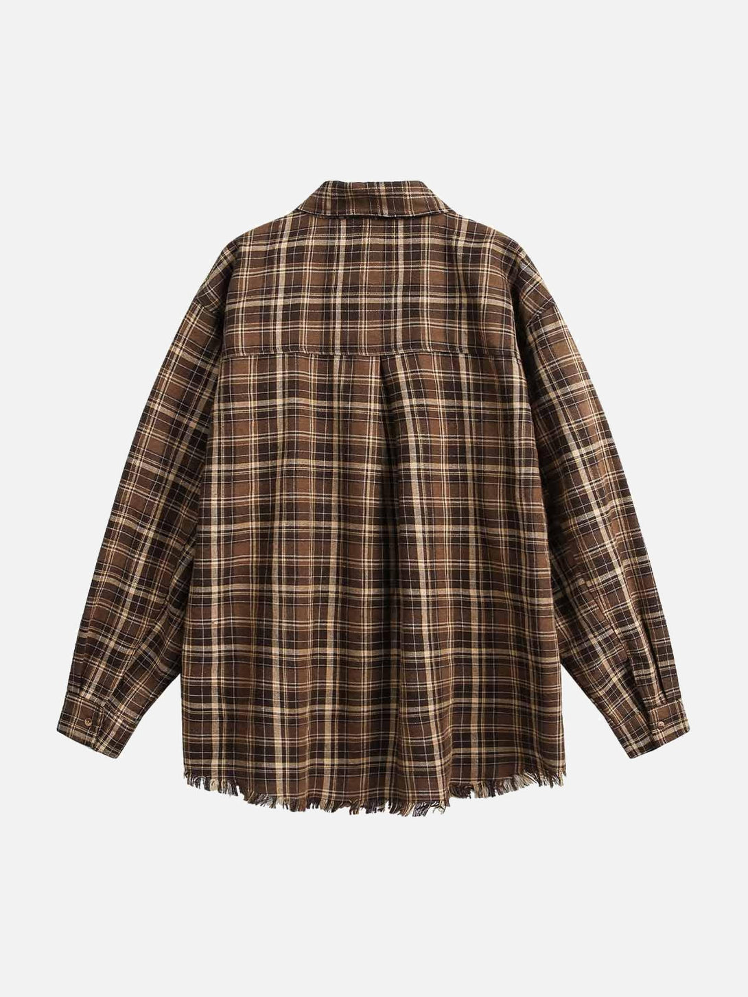Back view of a brown plaid shirt by TALISHKO, showcasing its relaxed fit and frayed hem.