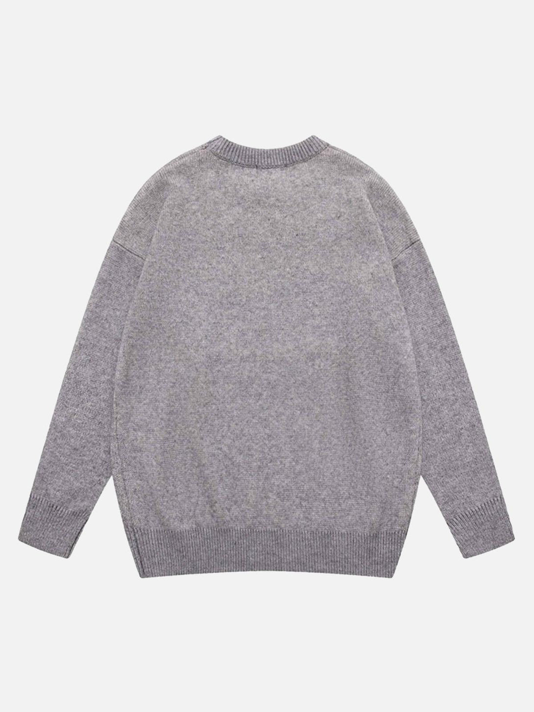 Back view of a gray knit sweater by TALISHKO, highlighting its cozy, vintage appeal.