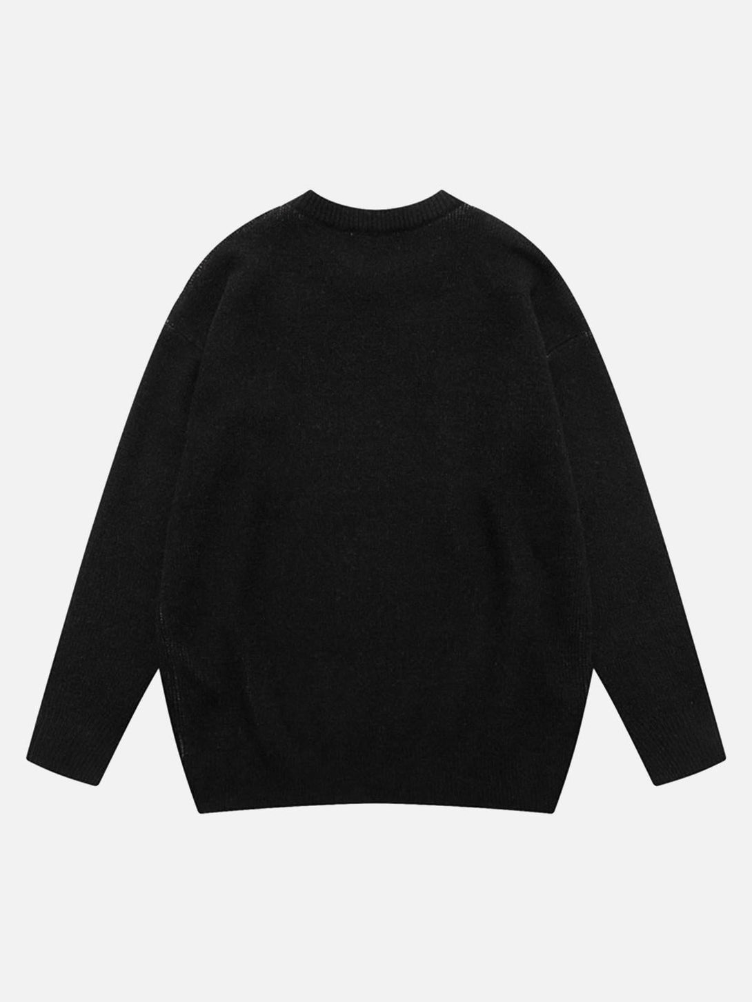 Back view of a black knit sweater by TALISHKO, showcasing its classic vintage design.