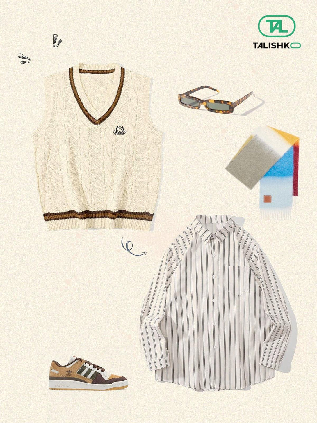Vintage-inspired outfit featuring a TALISHKO knit sweater vest, striped shirt, and accessories.