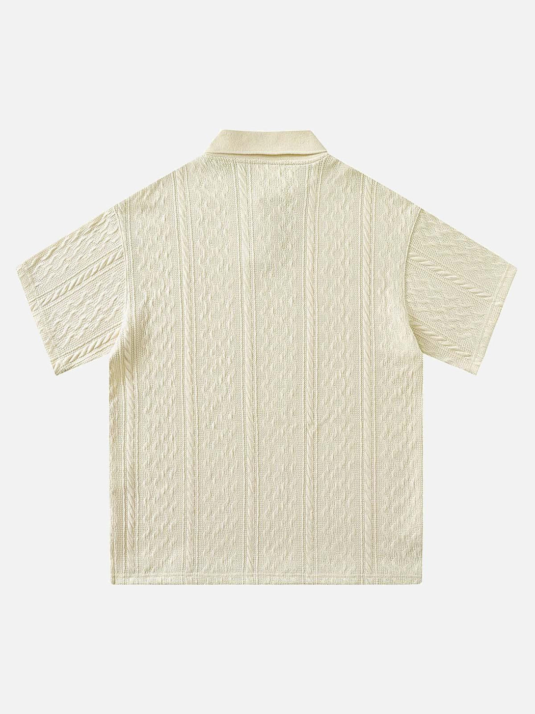 Back view of cream short sleeve polo by TALISHKO, showcasing intricate textured patterns.