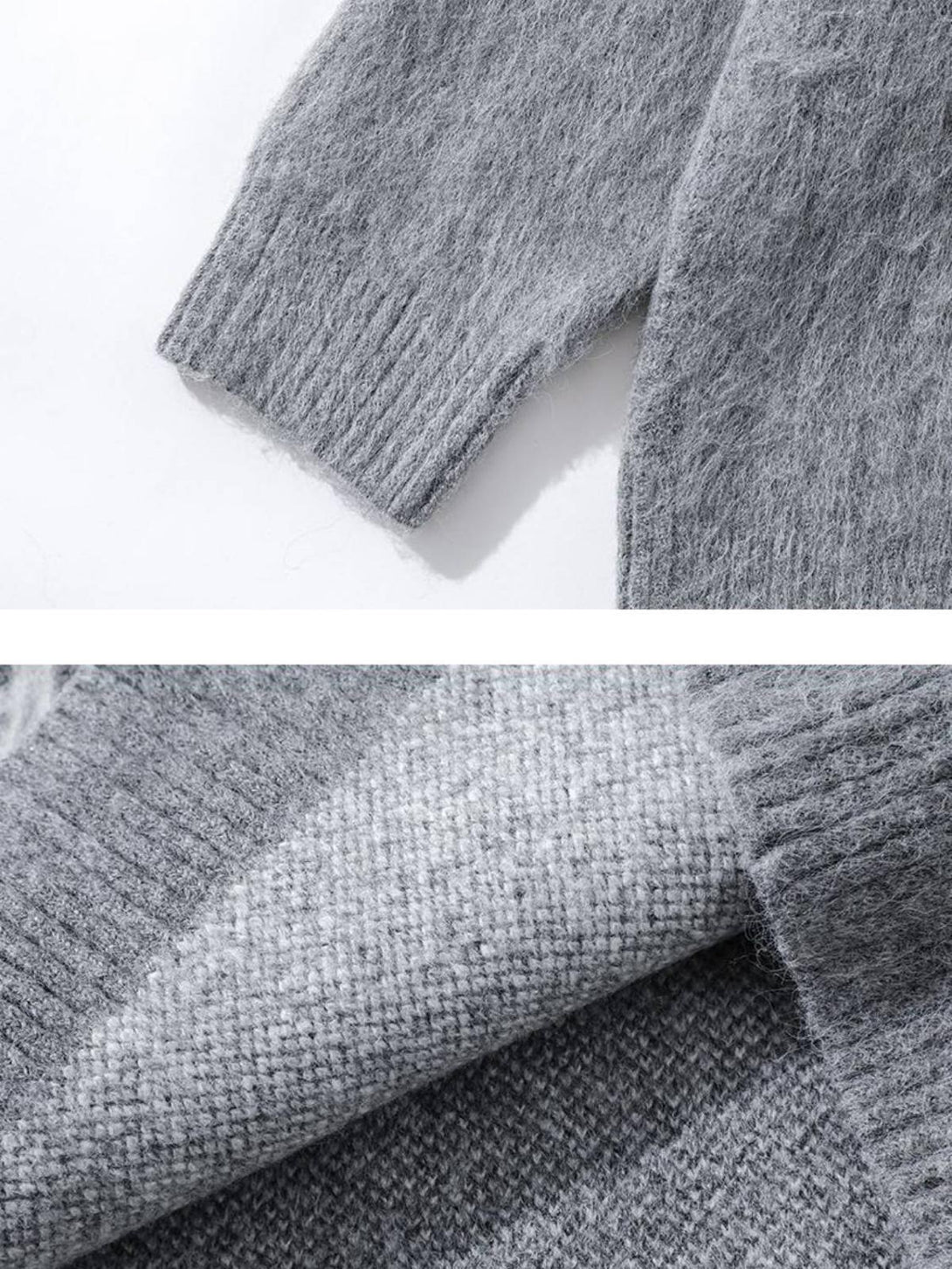Intricate look at the soft gray sweater's texture, showcasing quality design by TALISHKO.