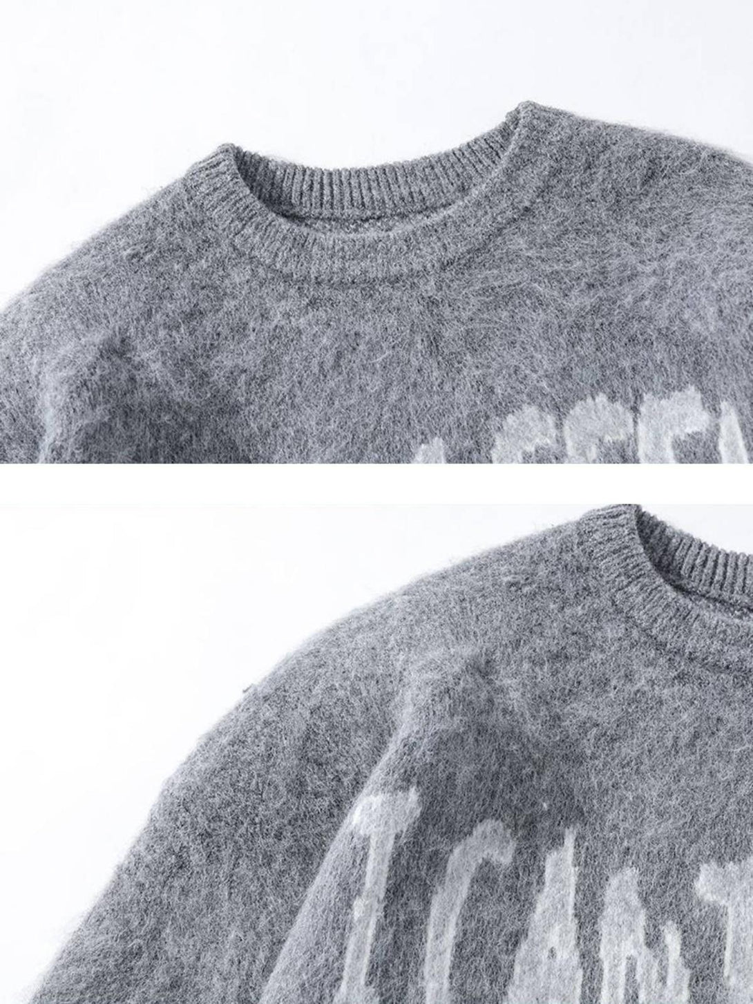 A detailed view of the gray sweater's fuzzy texture and bold print by TALISHKO.