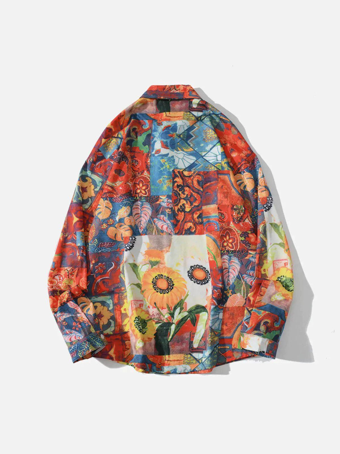 Back view of a colorful vintage print long-sleeved shirt by TALISHKO, featuring floral patterns.