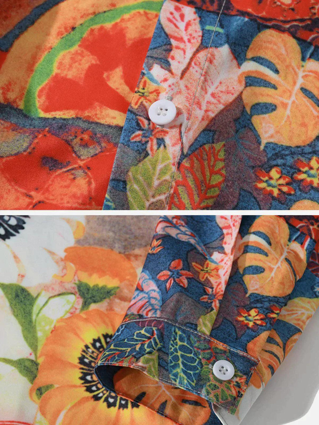 A close-up of the vibrant floral patterns on a vintage long-sleeved shirt by TALISHKO.