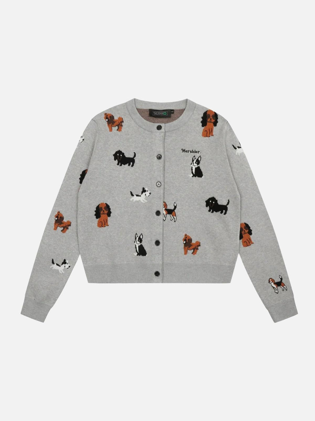 Charming gray cardigan by TALISHKO featuring whimsical puppy embroidery, perfect for casual wear.