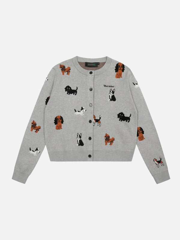 Charming gray cardigan by TALISHKO featuring whimsical puppy embroidery, perfect for casual wear.