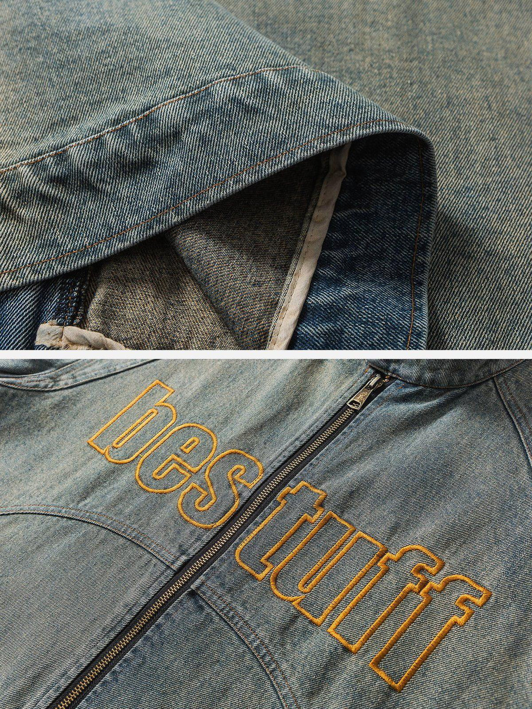 Detailed fabric and stitching on a vintage racing denim jacket by TALISHKO, showcasing embroidery.