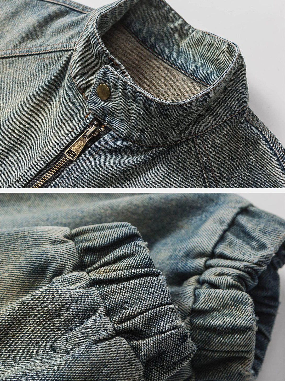 Intricate look at a vintage racing denim jacket by TALISHKO, highlighting the collar and cuffs.