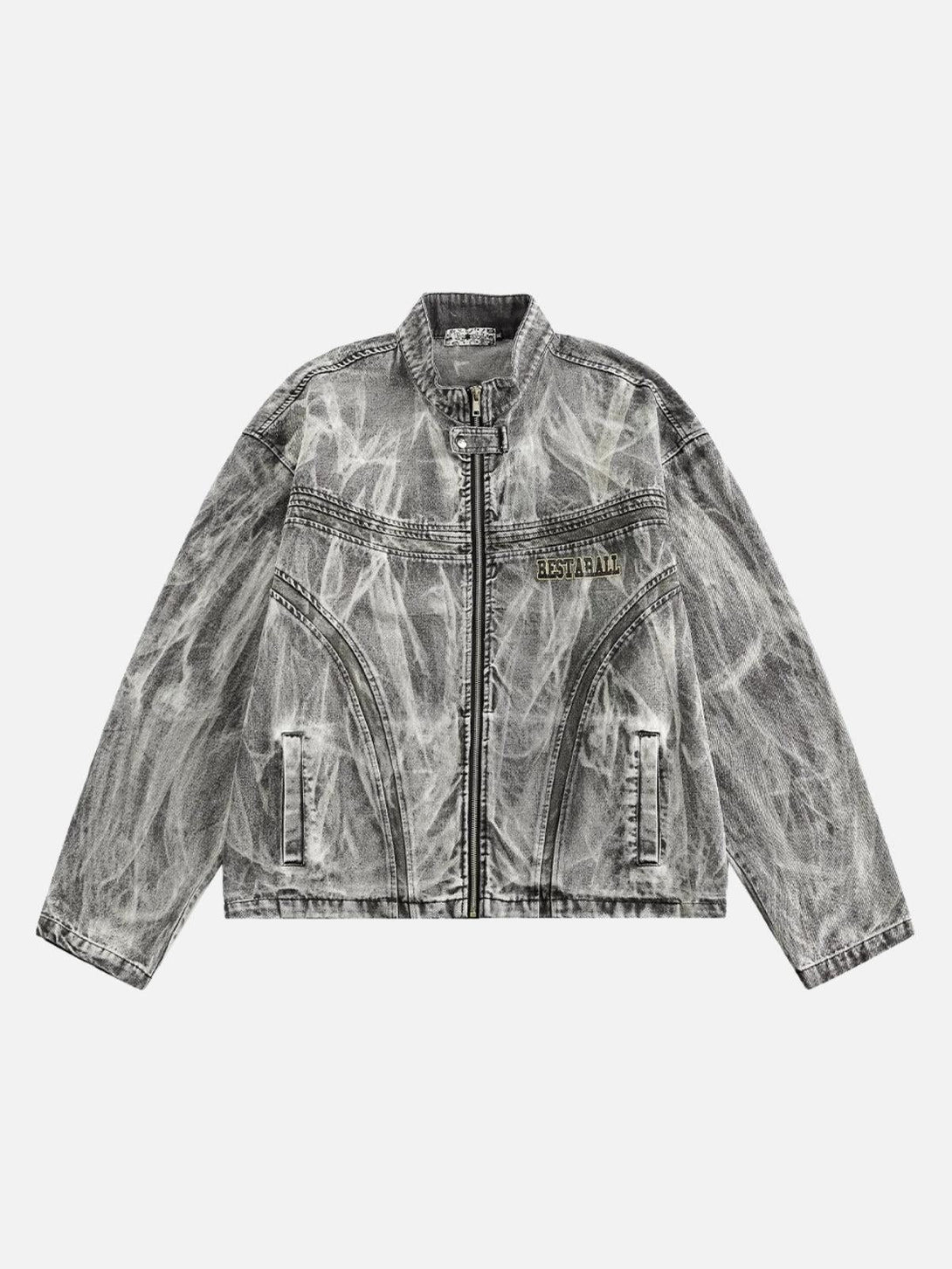 Vintage-inspired distressed print jacket by TALISHKO, featuring a zip-up collar and racing style.