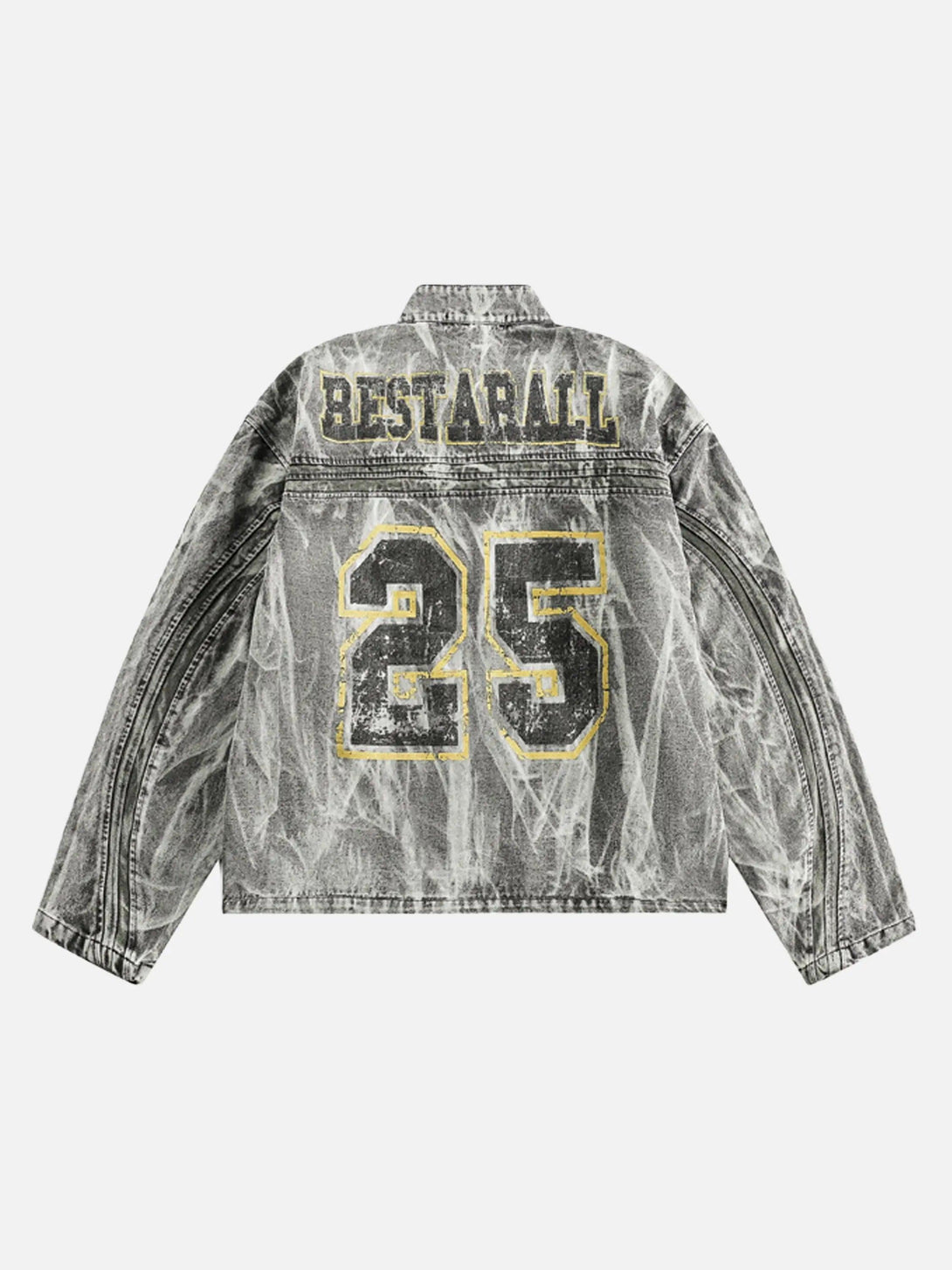 Back view of a distressed print jacket with number 25, designed by TALISHKO.
