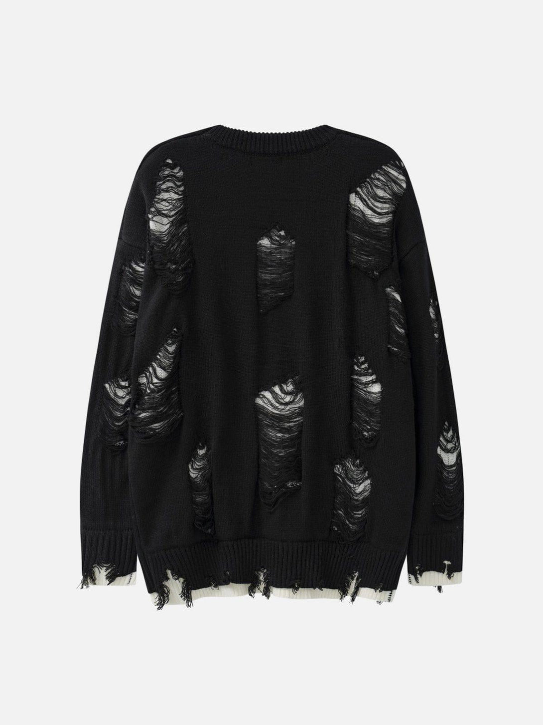Back view of TALISHKO's black vintage ripped oversized sweater highlighting distressed details.