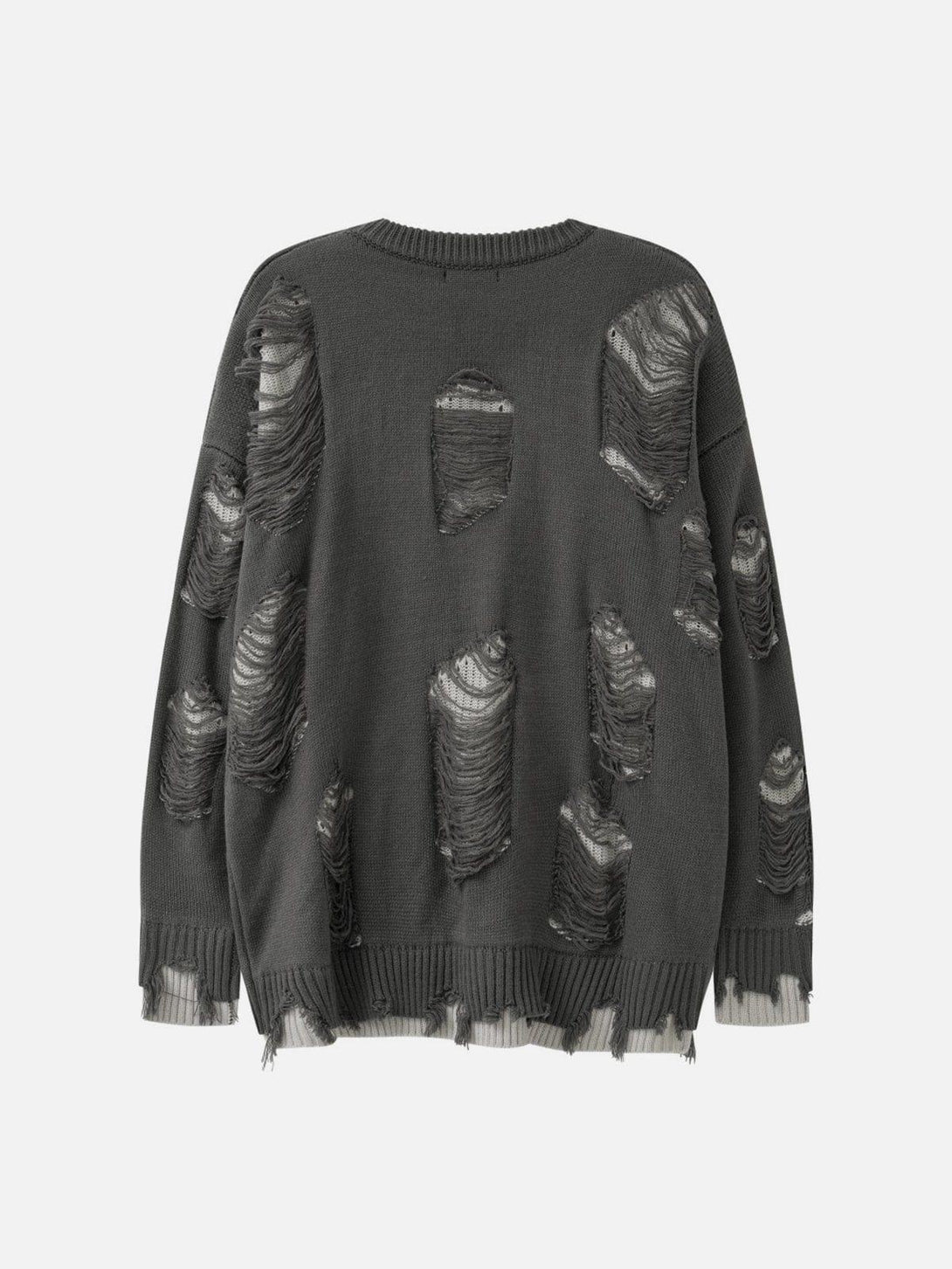 Back view of a gray vintage ripped oversized sweater by TALISHKO, showcasing distressed details.