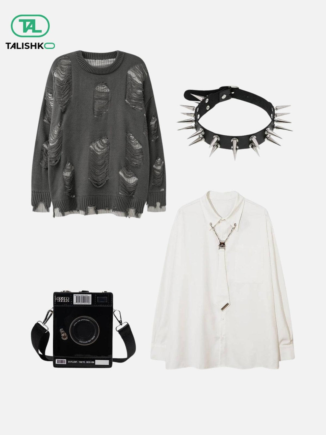 TALISHKO's stylish ensemble featuring a ripped sweater, spiked choker, and camera bag.