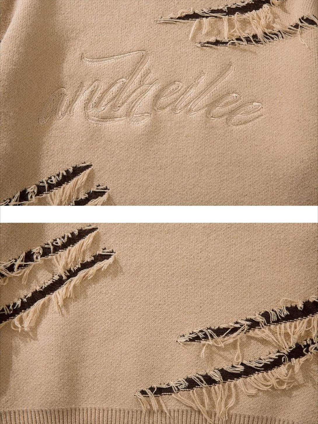A detailed view of TALISHKO's vintage sweater showcasing distressed texture and intricate stitching.