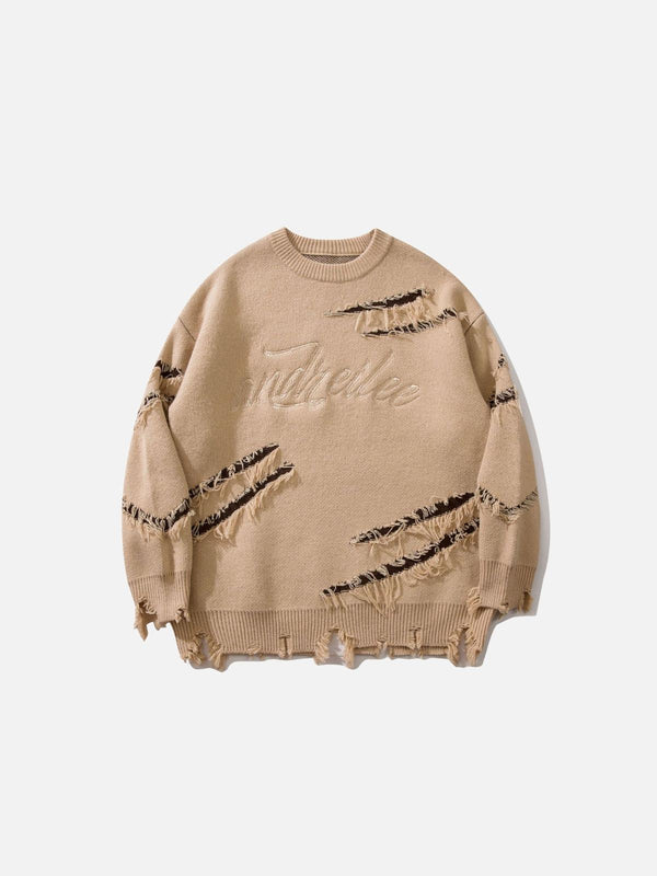 TALISHKO vintage-style sweater with distressed details and lazy fit in a neutral tone.