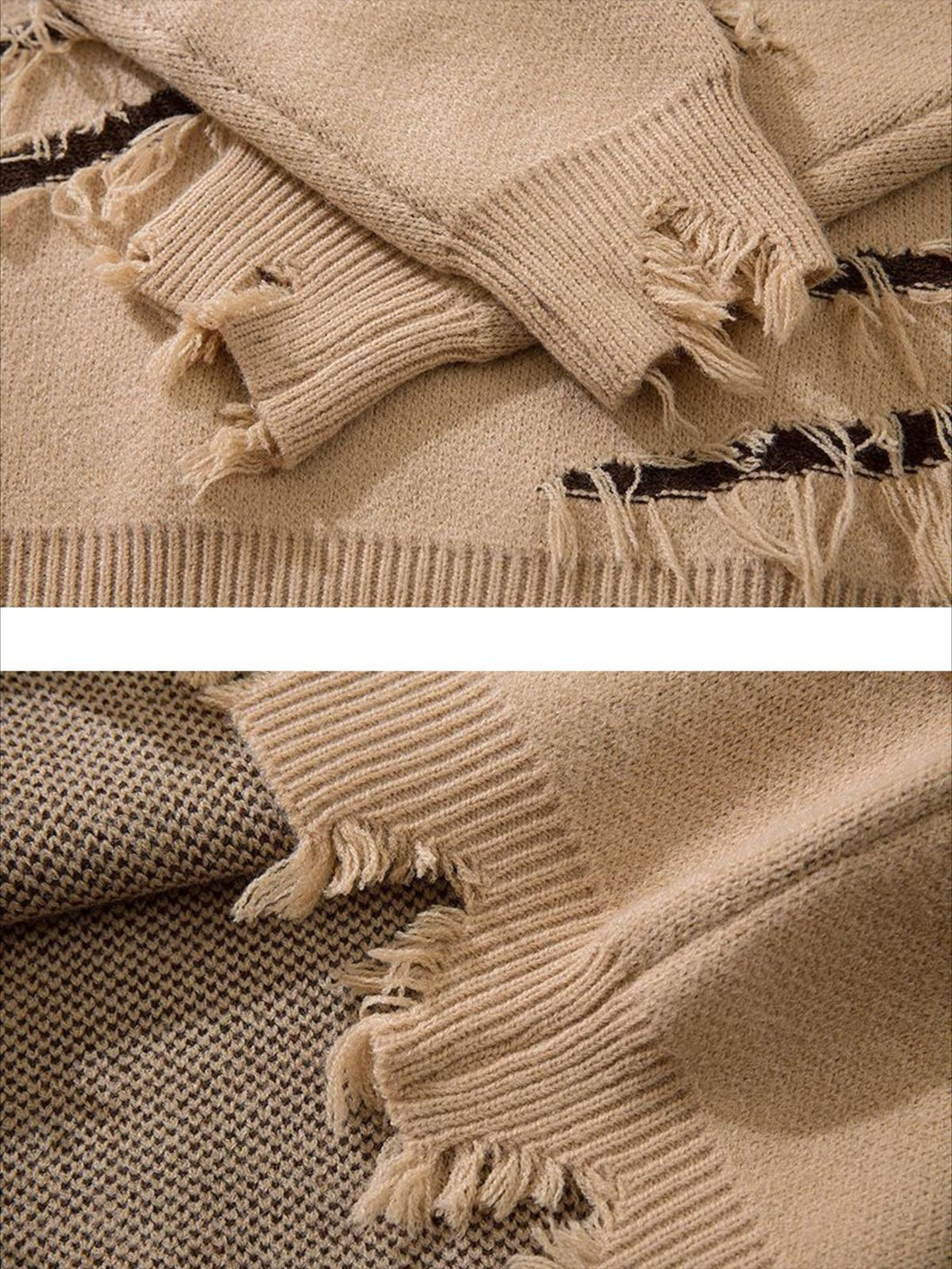 Intricate look at TALISHKO's vintage lazy style sweater, highlighting distressed edges.