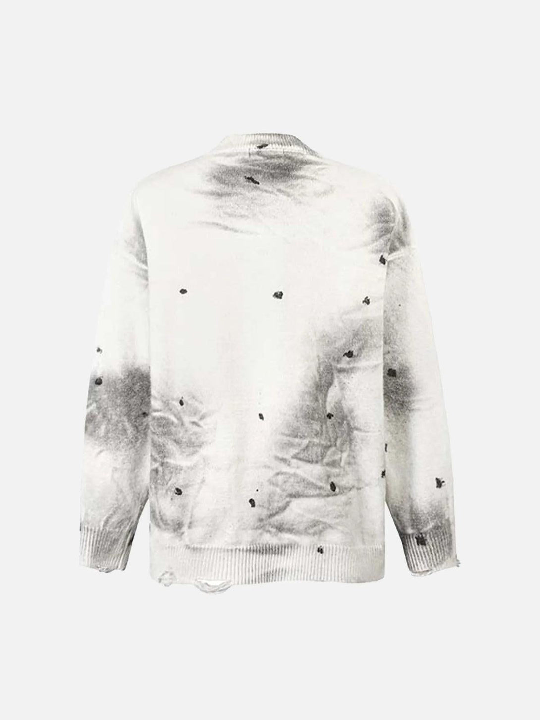 Back view of TALISHKO's vintage ripped tie-dye sweater, highlighting unique distressed patterns.