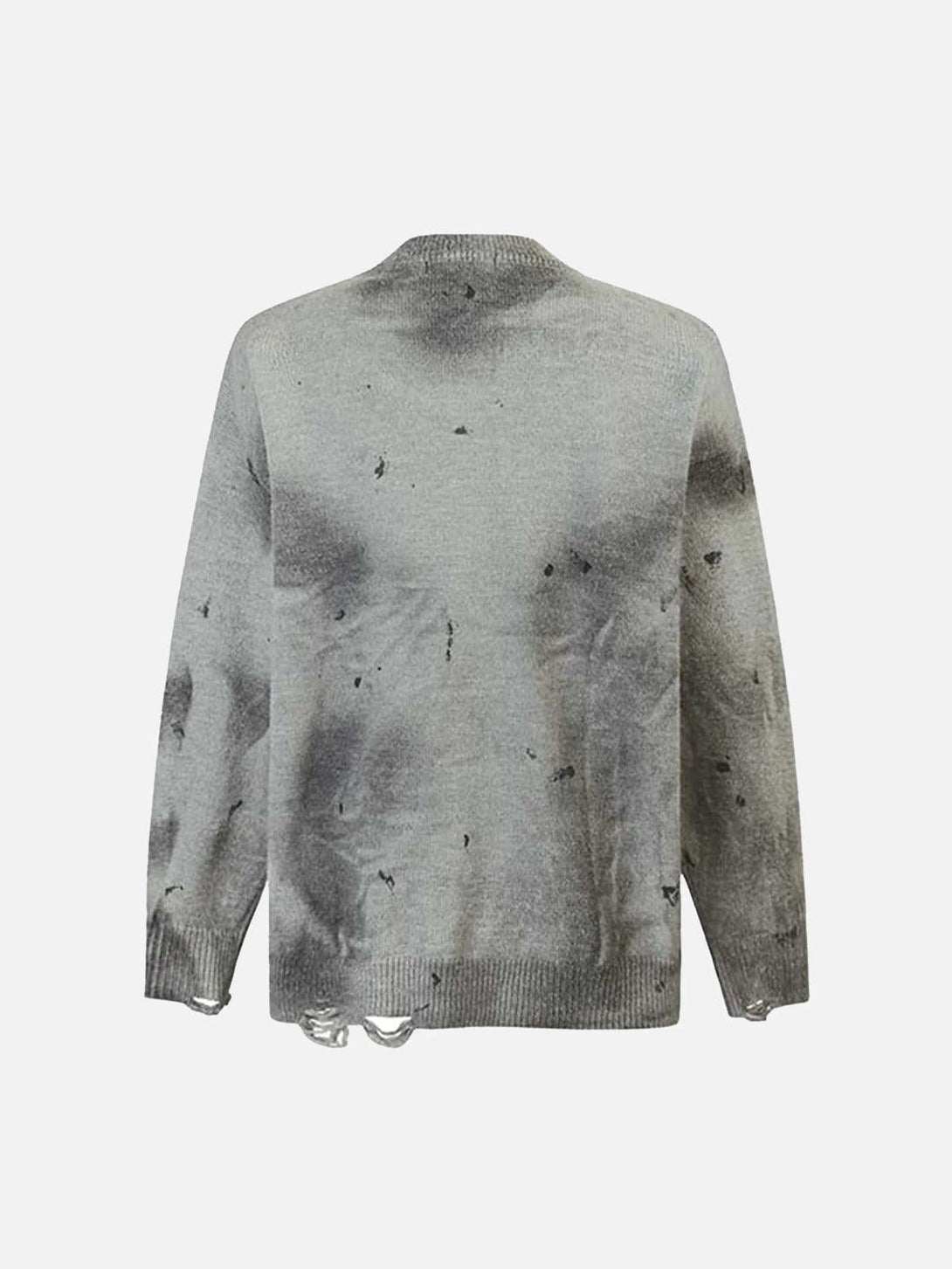Back view of a vintage ripped tie-dye sweater by TALISHKO, featuring distressed details.