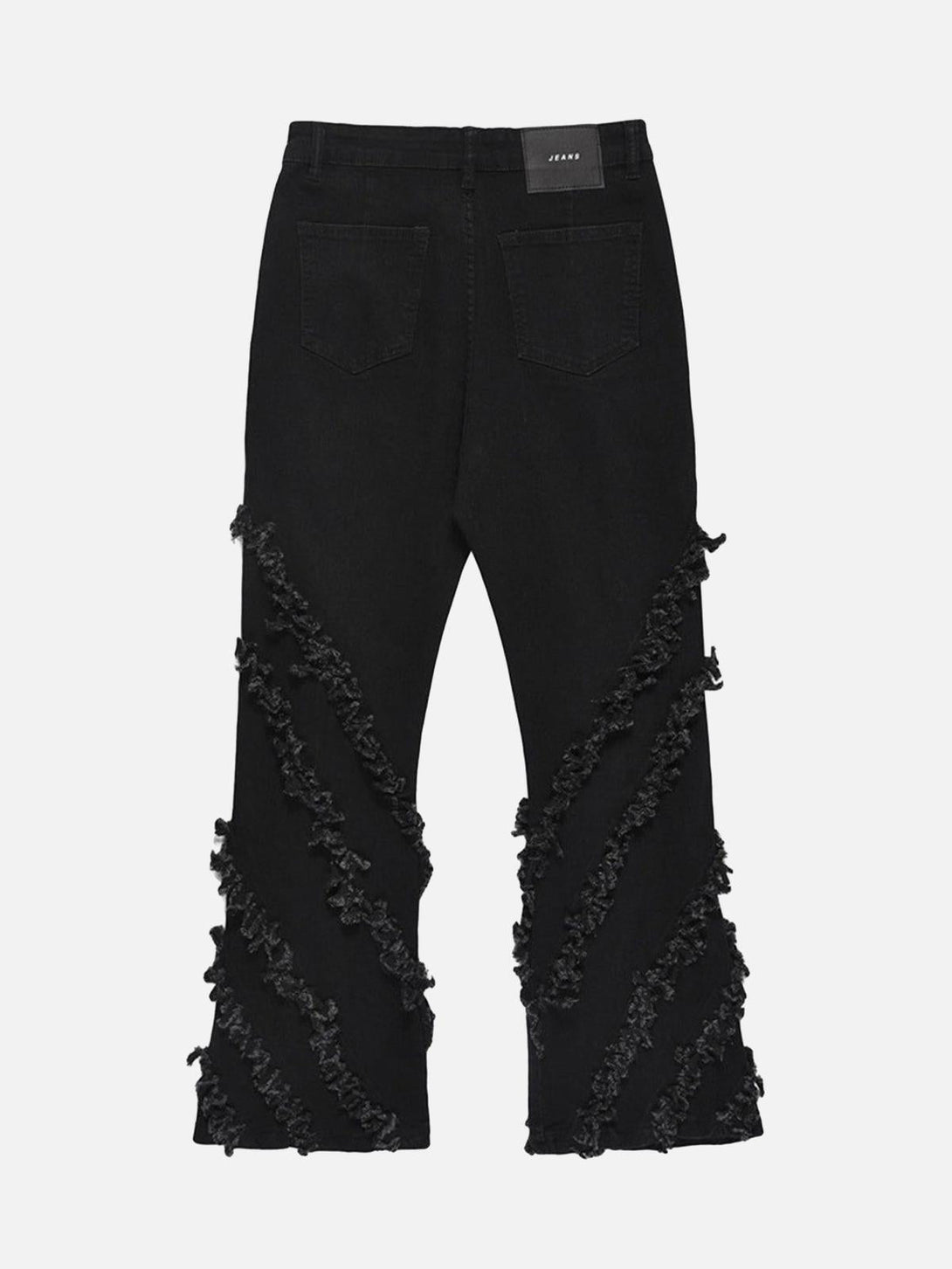 Back view of black flared jeans with rough detailing, crafted by TALISHKO for a unique style.