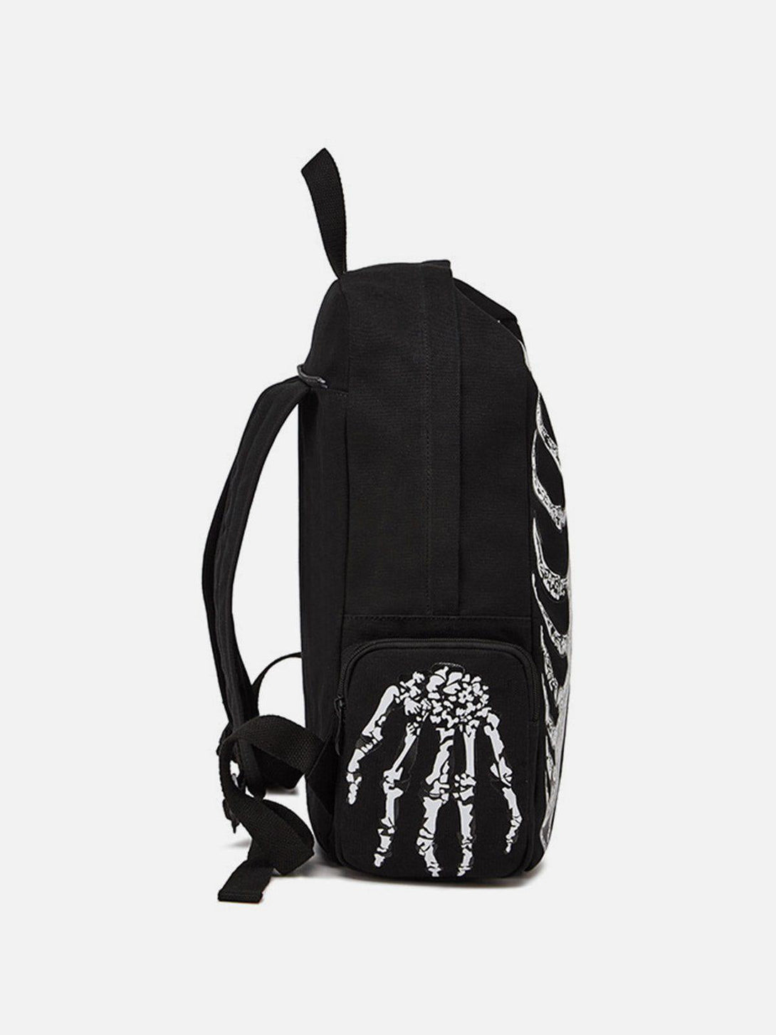 Side view of TALISHKO shoulder bag with bold skeleton print, showcasing vintage style.