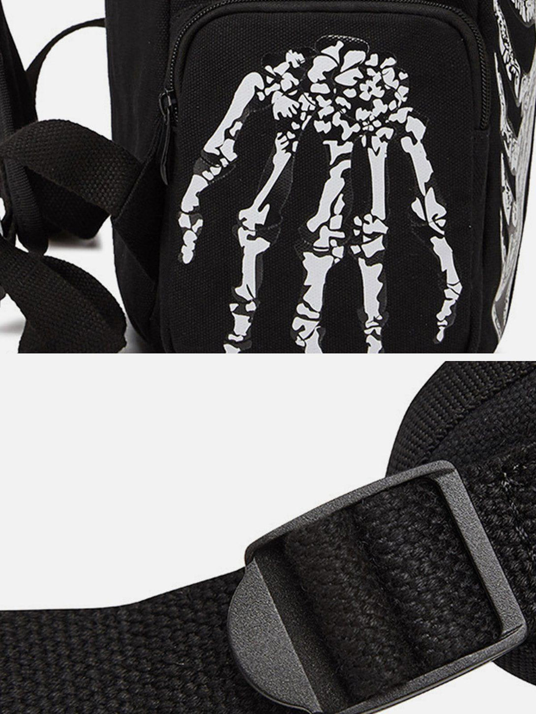 Intricate look at TALISHKO shoulder bag's skeleton print and durable strap details.