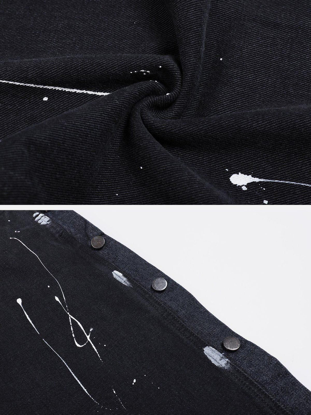 Intricate look at TALISHKO black splash ink jeans, highlighting texture and button detail.