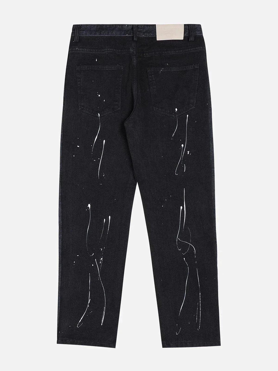 Back view of TALISHKO jeans with splash ink design, showcasing a unique and artistic style.